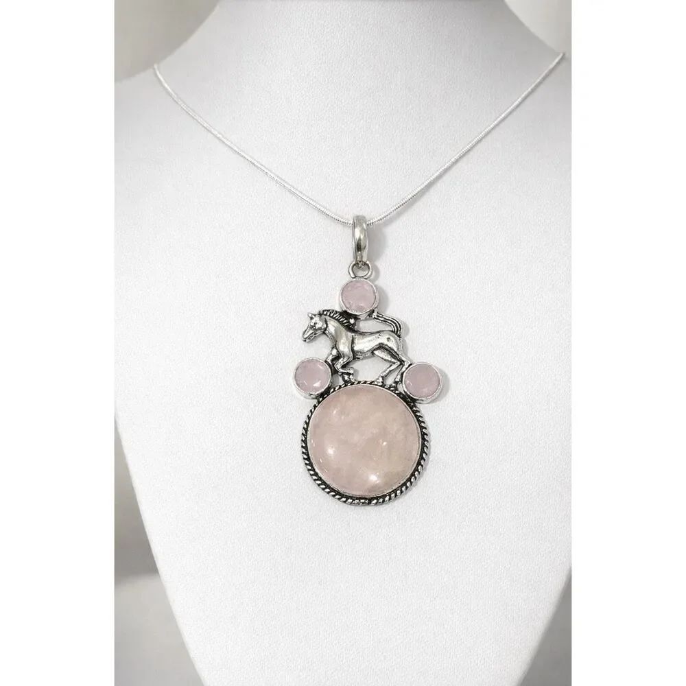 Horse Silver Pendant with Rose Quartz & Chalcedony Cabochons Statement Necklace